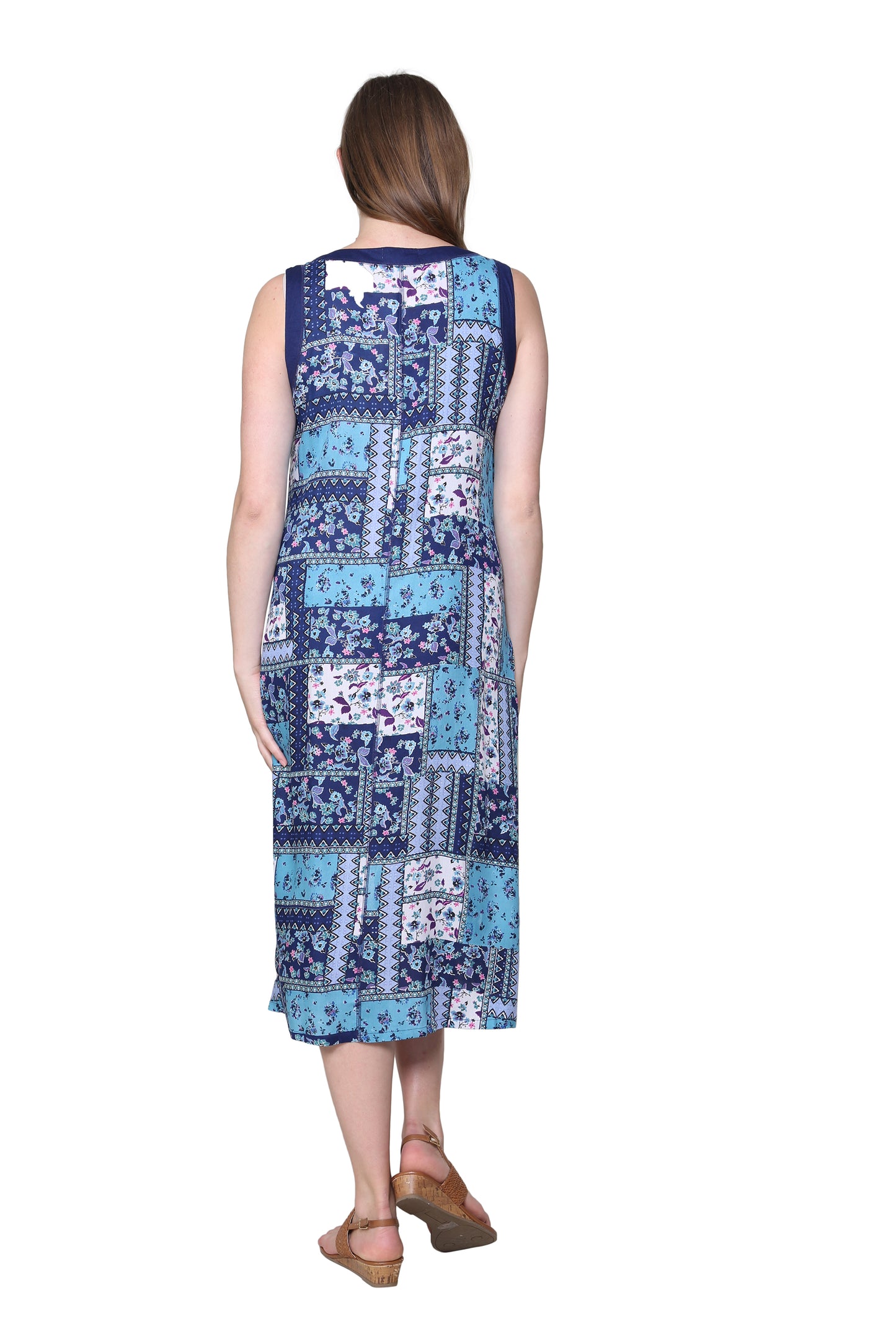 Novelty Button Patchwork Rayon Print Dress