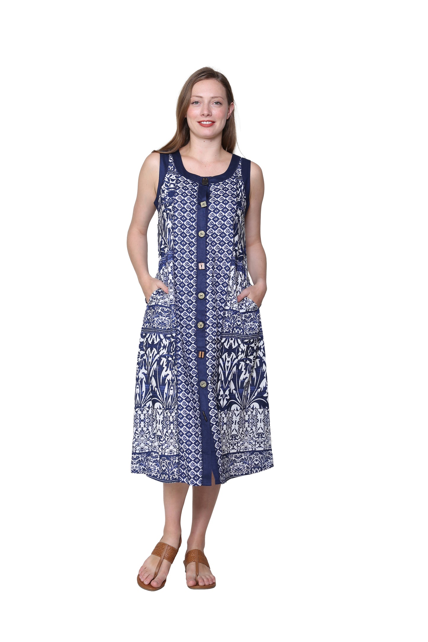 La Cera Sleeveless Mixed Print Novelty Button Dress