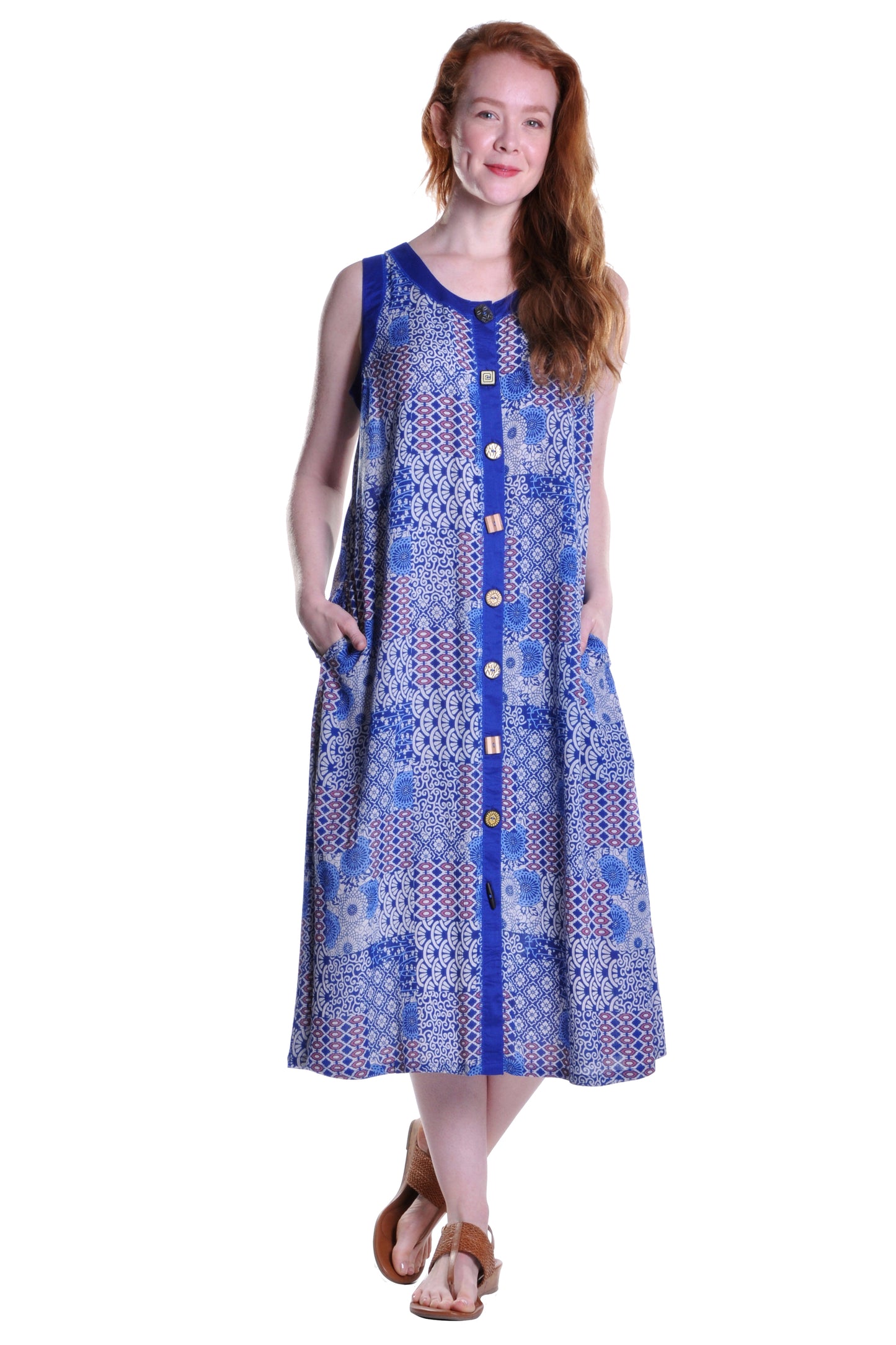 La Cera Blue Patchwork Plus Size Sleeveless Dress - La Cera