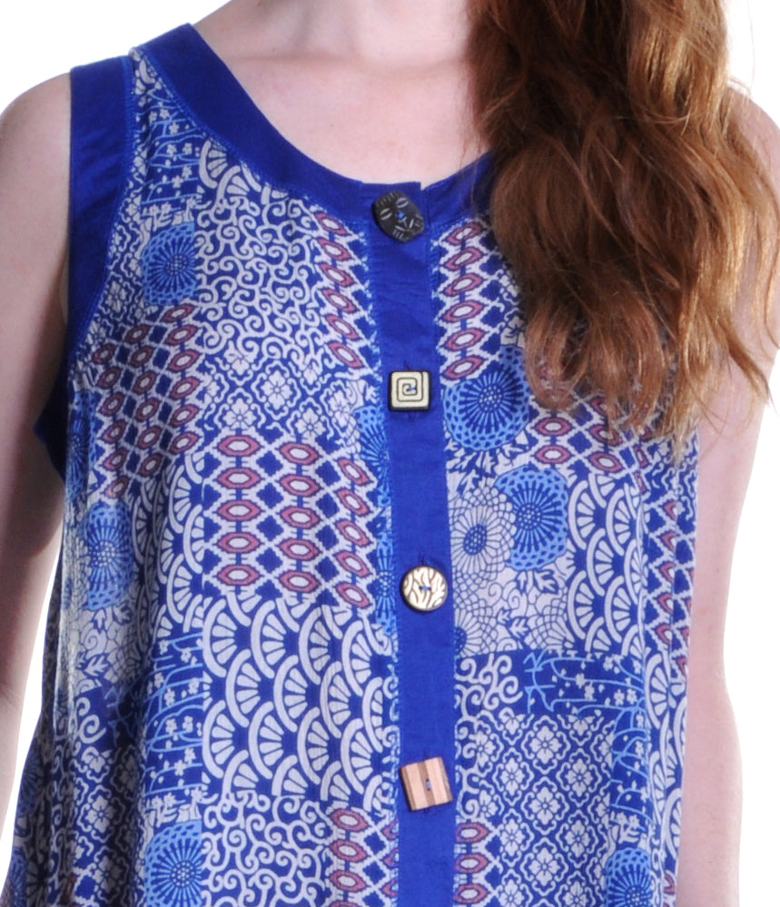 La Cera Blue Patchwork Plus Size Sleeveless Dress - La Cera