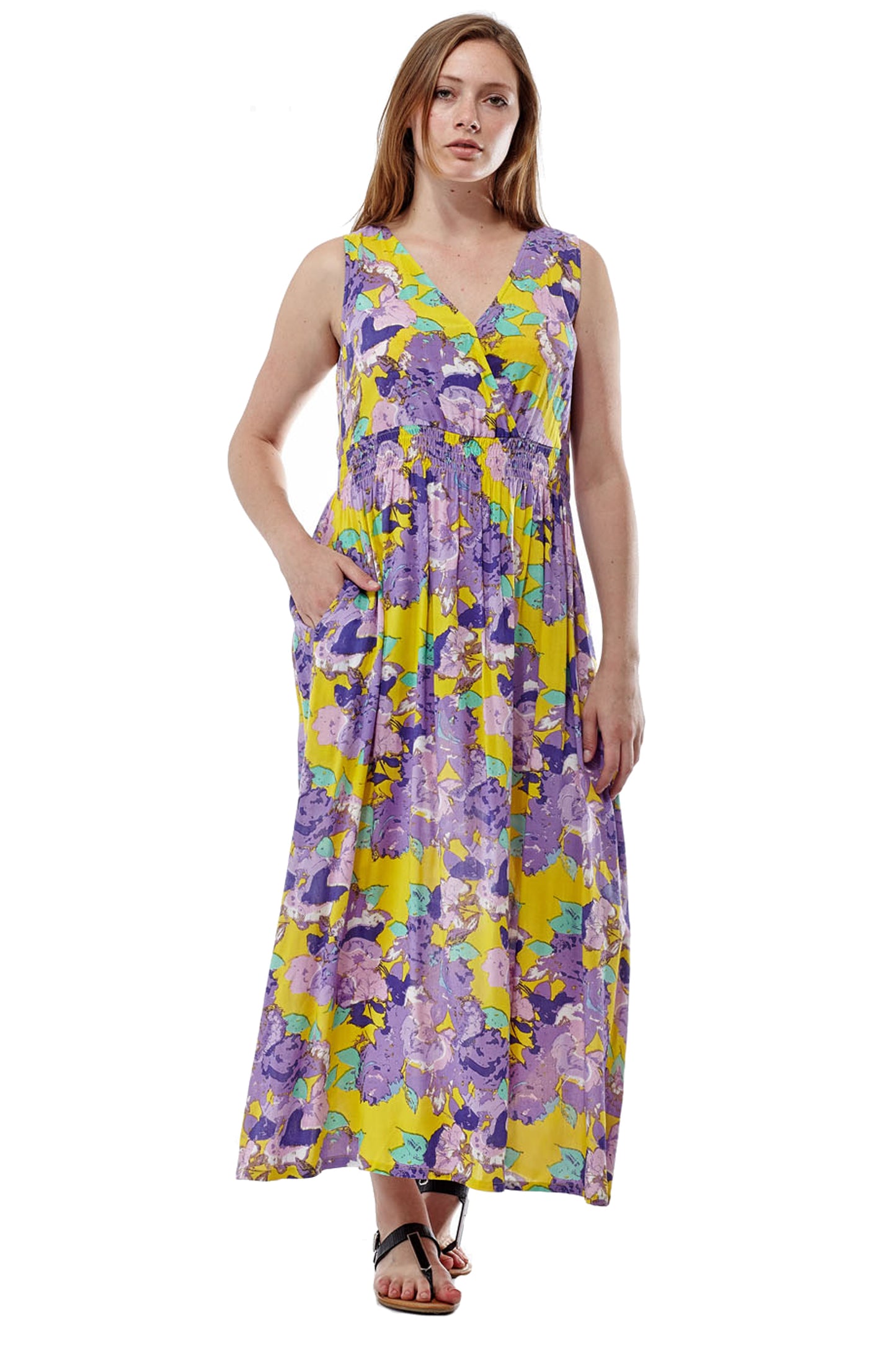 La Cera Floral Printed Sleeveless Rayon Maxi Dress - La Cera