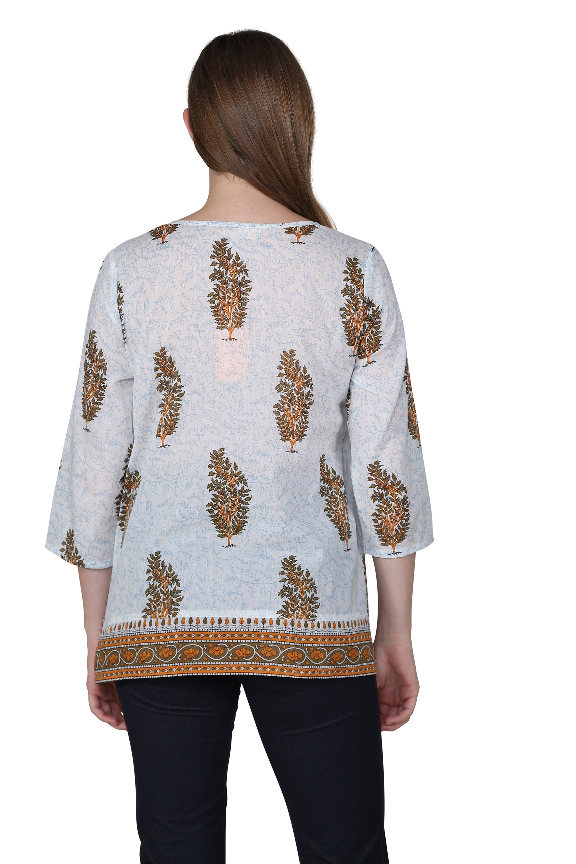 Sage Block Print Cotton Tunic Top - La Cera