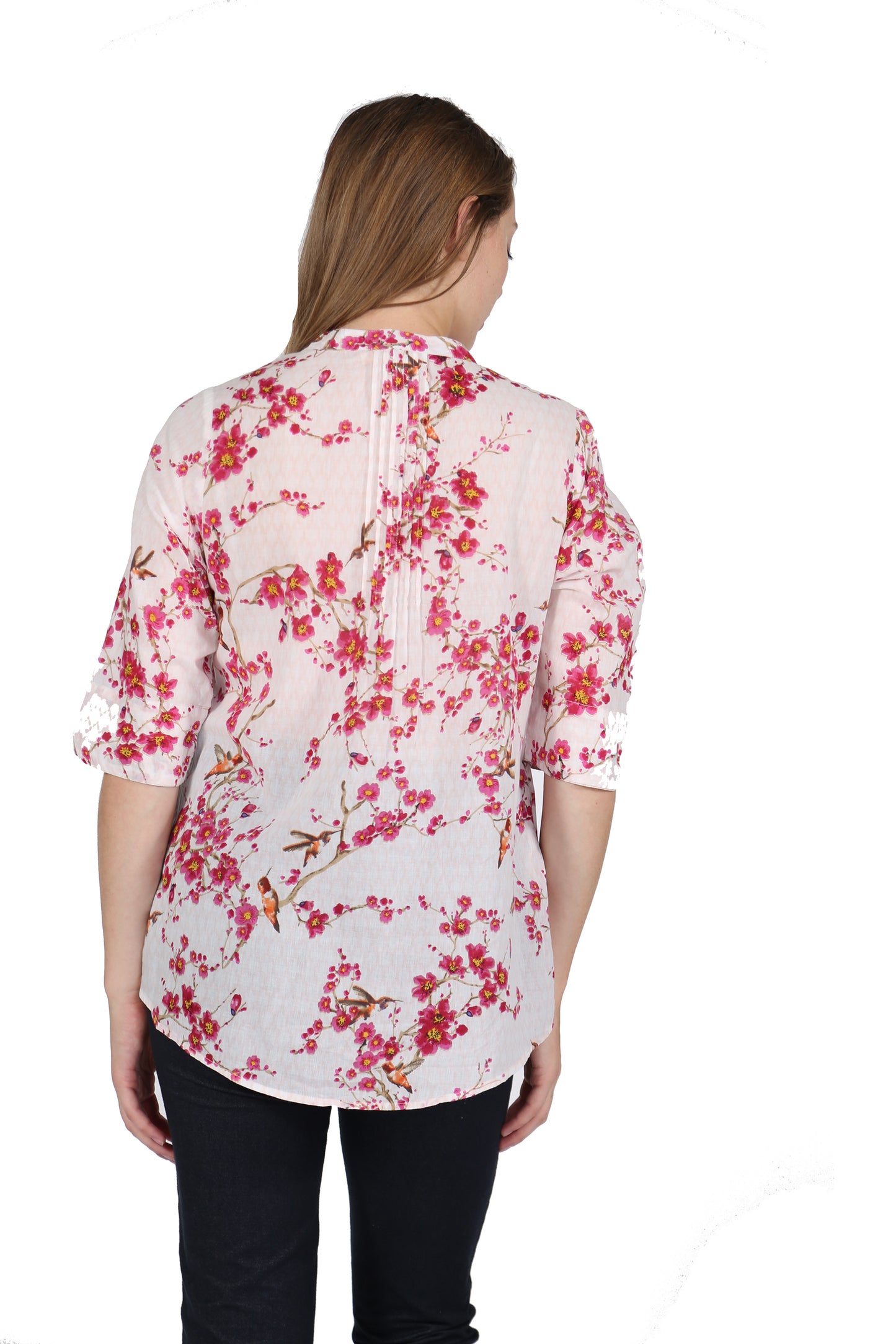 Pleat Front Cherry Blossom Print Cotton Top
