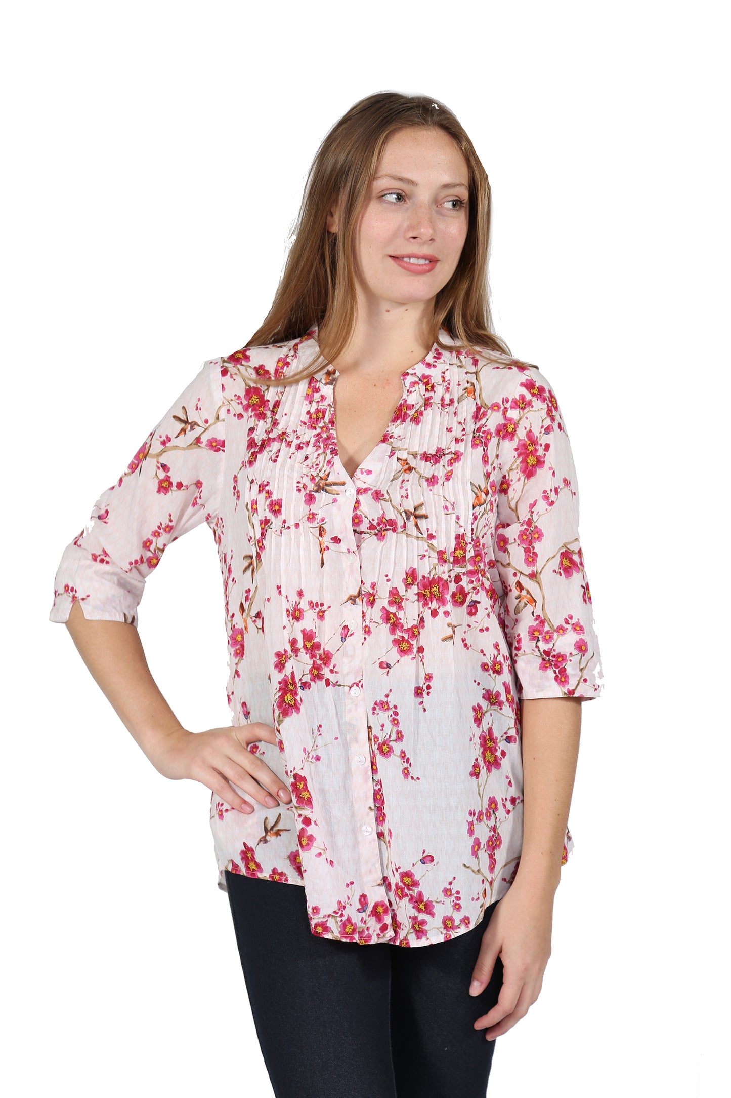Pleat Front Cherry Blossom Print Cotton Top