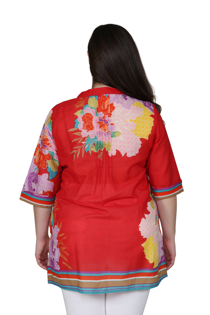 Plus Size Floral Border Print Tunic with Release Pleats - La Cera