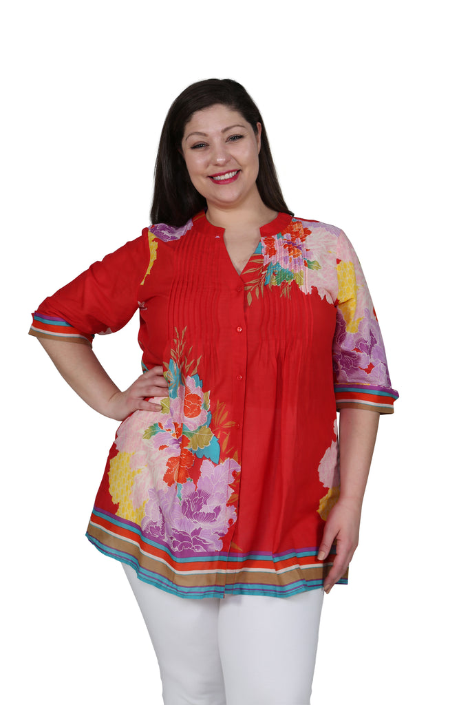 Plus Size Floral Border Print Tunic with Release Pleats - La Cera