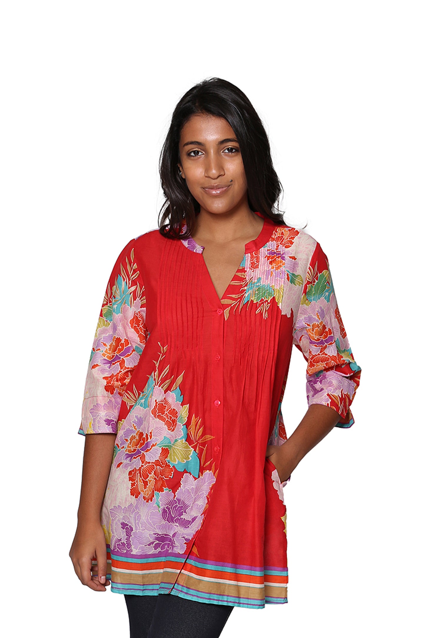 Floral Border Print Tunic with Release Pleats - La Cera
