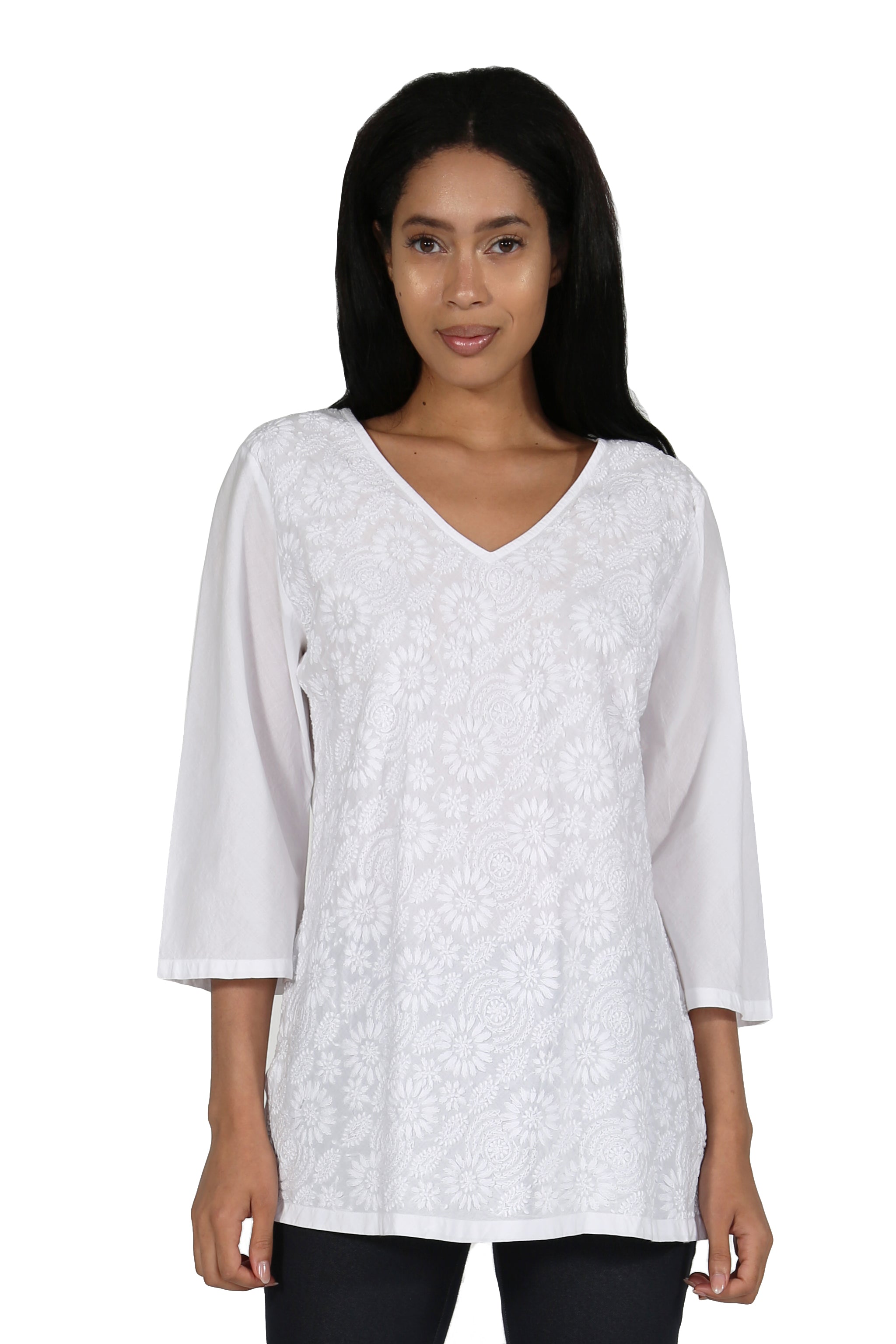 White Floral Embroidered Top - La Cera