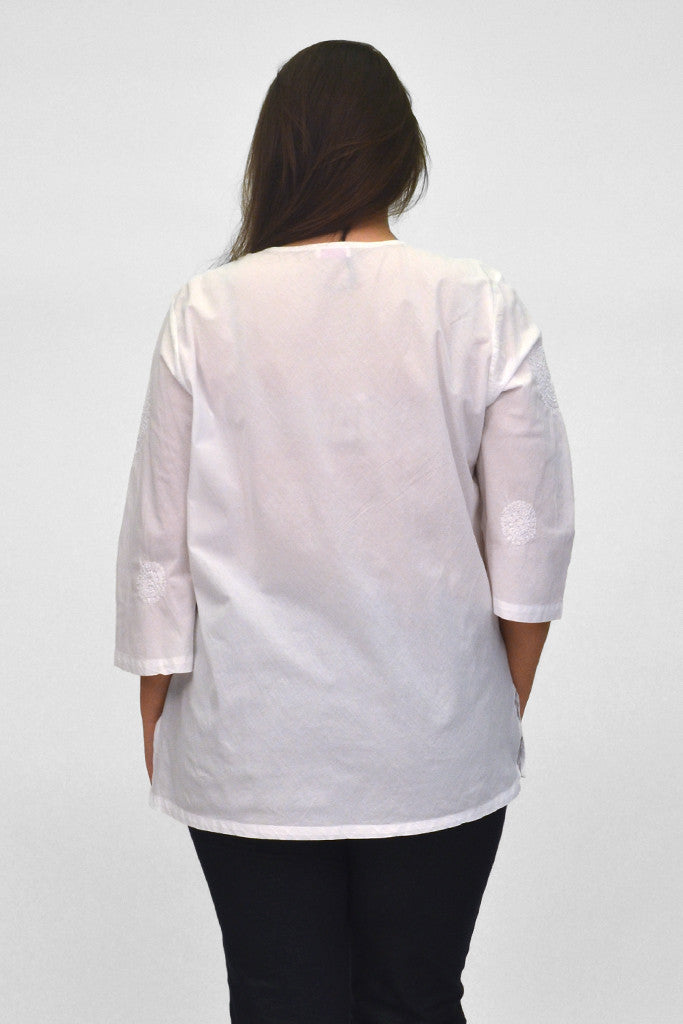La Cera Plus Size White Embroidered V-Neck Casual Shirt - La Cera - 3