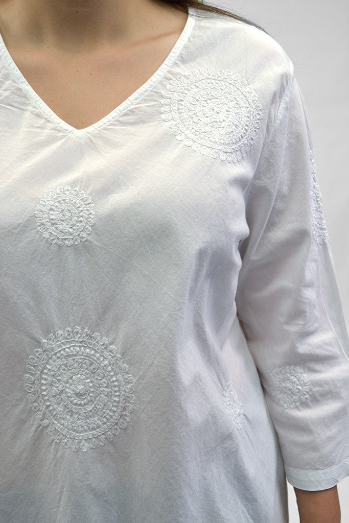 La Cera Plus Size White Embroidered V-Neck Casual Shirt - La Cera - 2