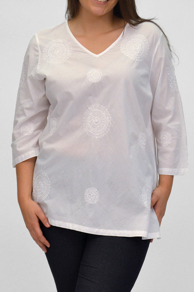 La Cera Plus Size White Embroidered V-Neck Casual Shirt - La Cera - 1