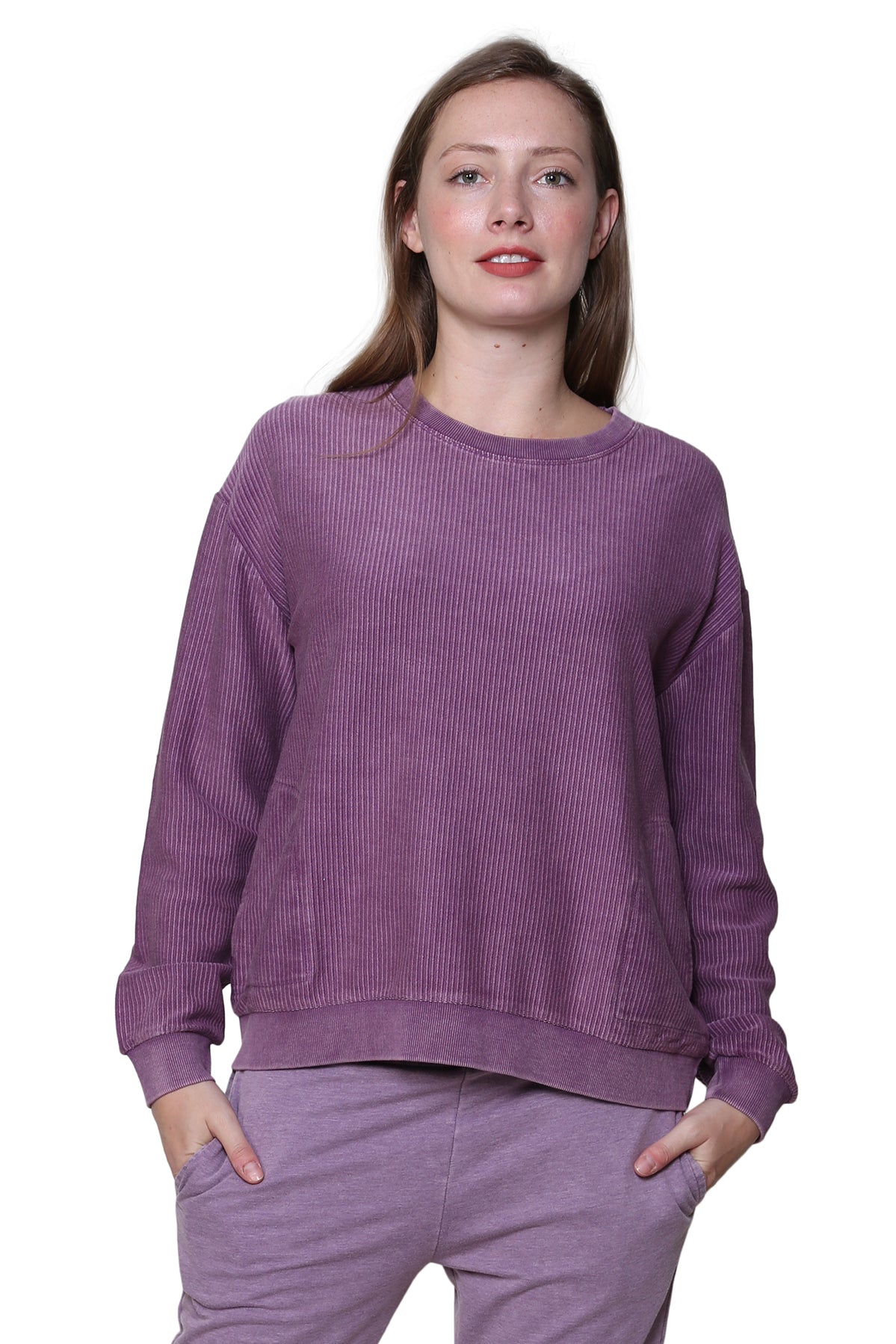 Washed Corduroy Rib Knit Long Sleeve Top