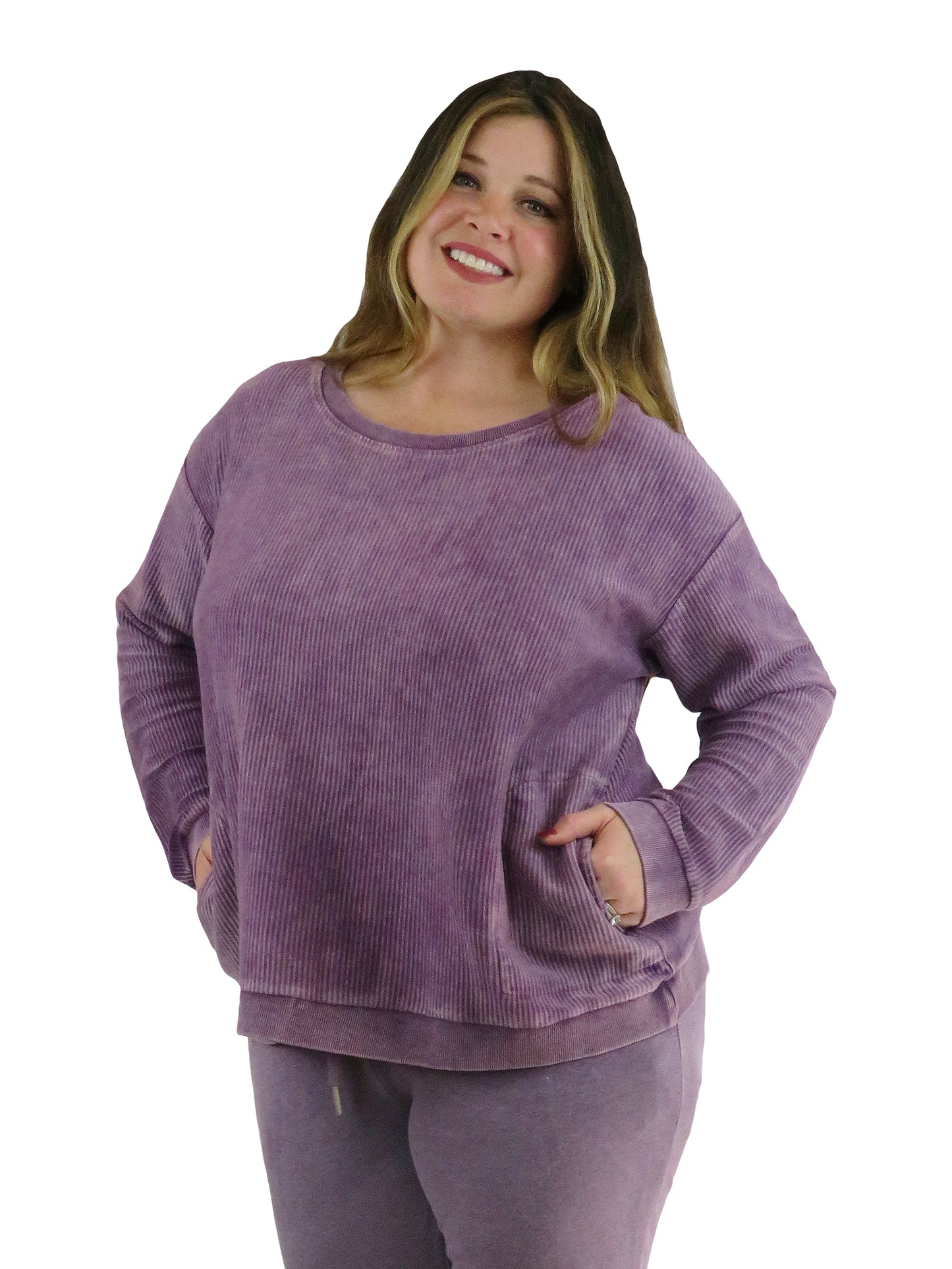 Washed Corduroy Rib Knit Long Sleeve Top Plus Size