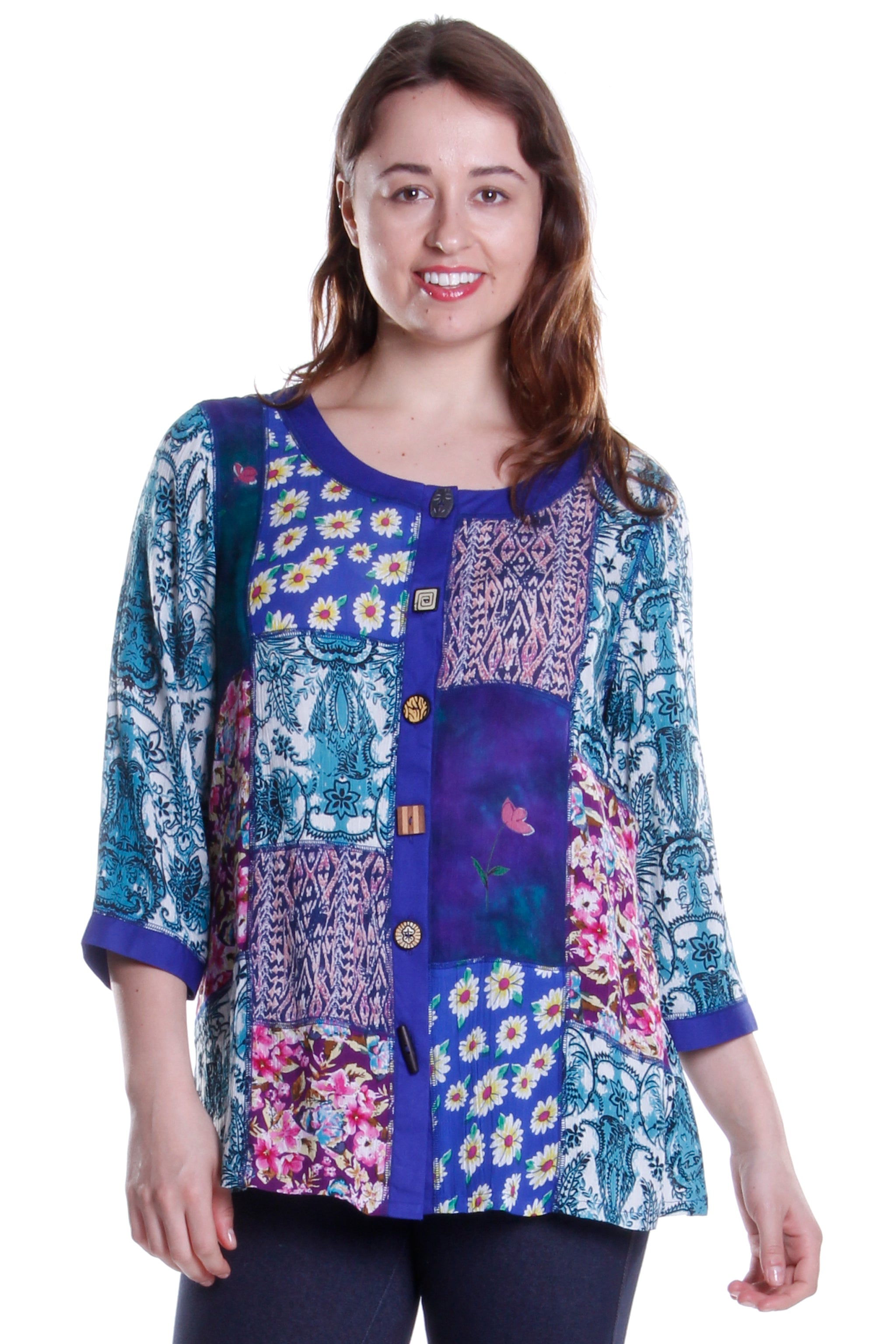 La Cera Blue Multi Patchwork Top - La Cera