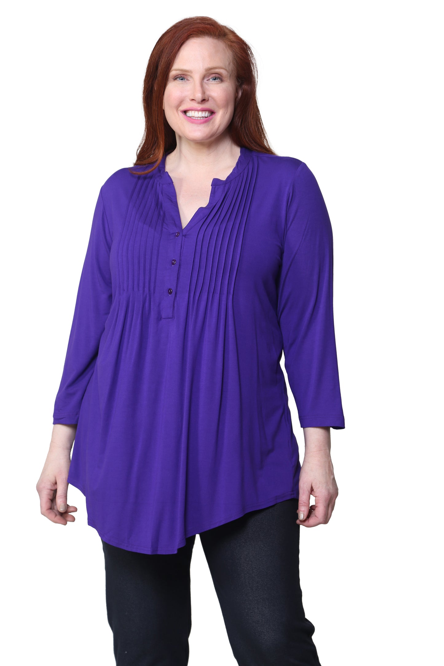 La Cera Plus Size Pleat Front Rayon Solid Tunic