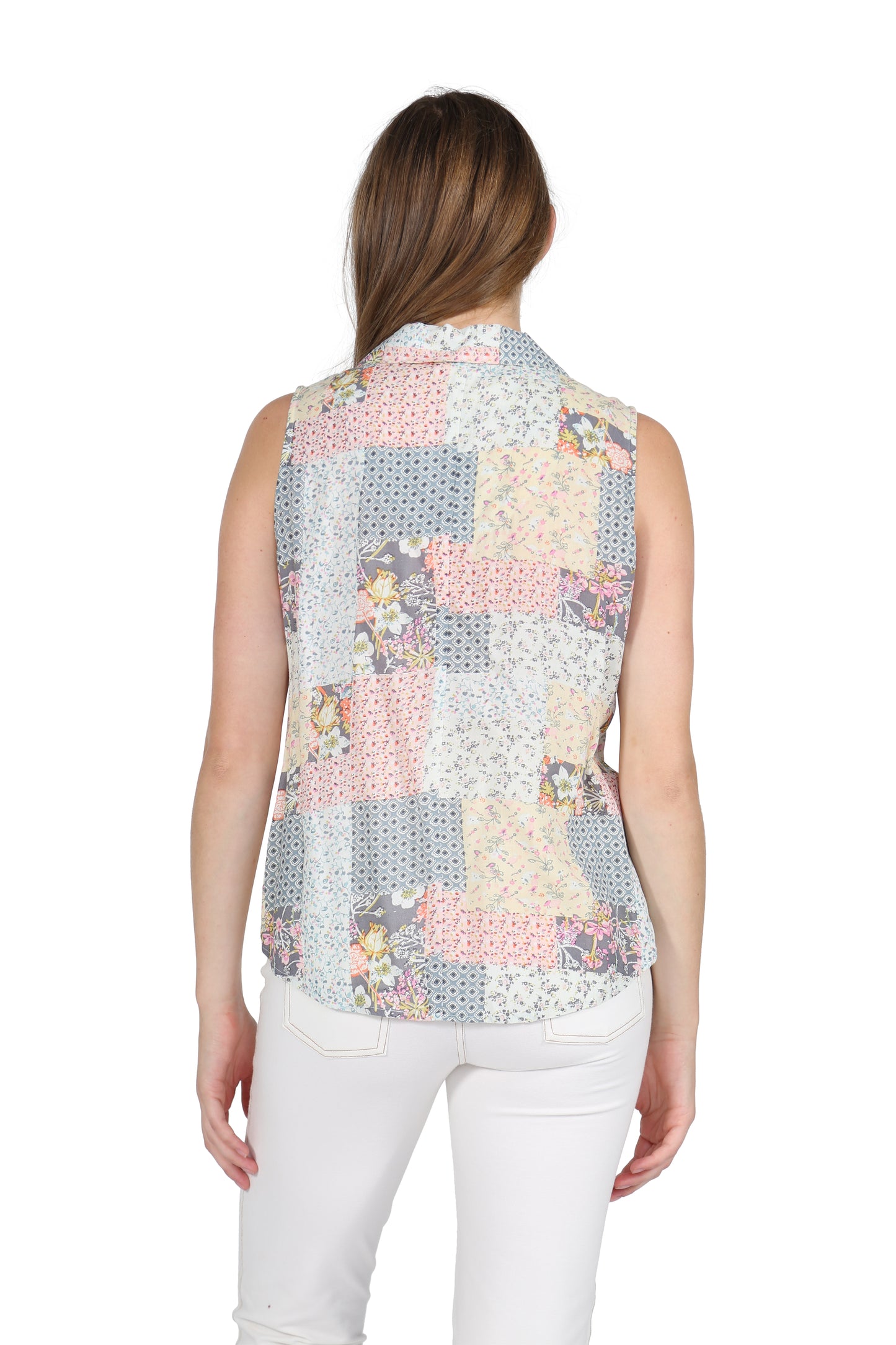 Printed Rayon Sleeveless Button Front Top