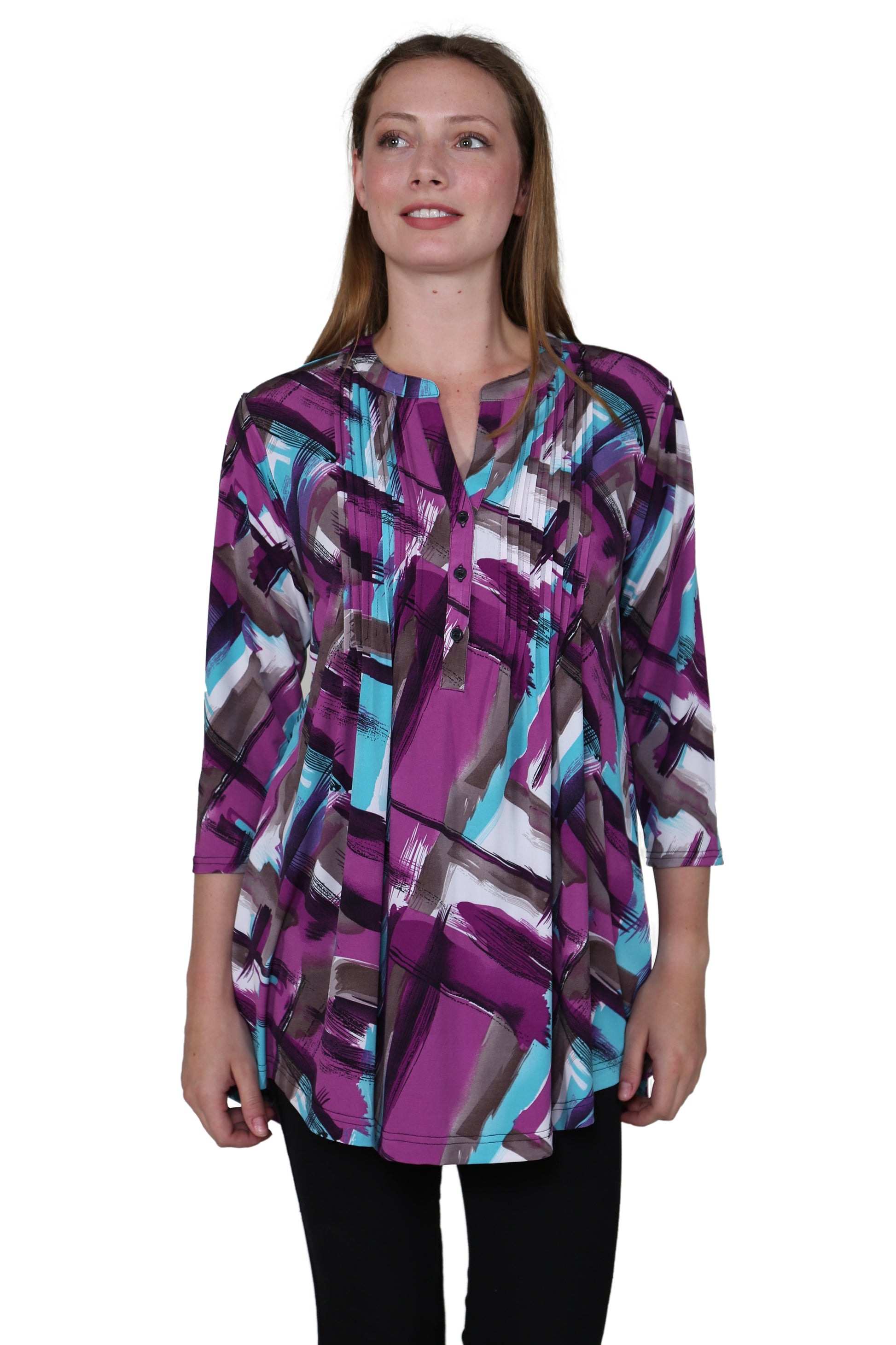 La Cera Pleat Front Geometric Printed Tunic - La Cera