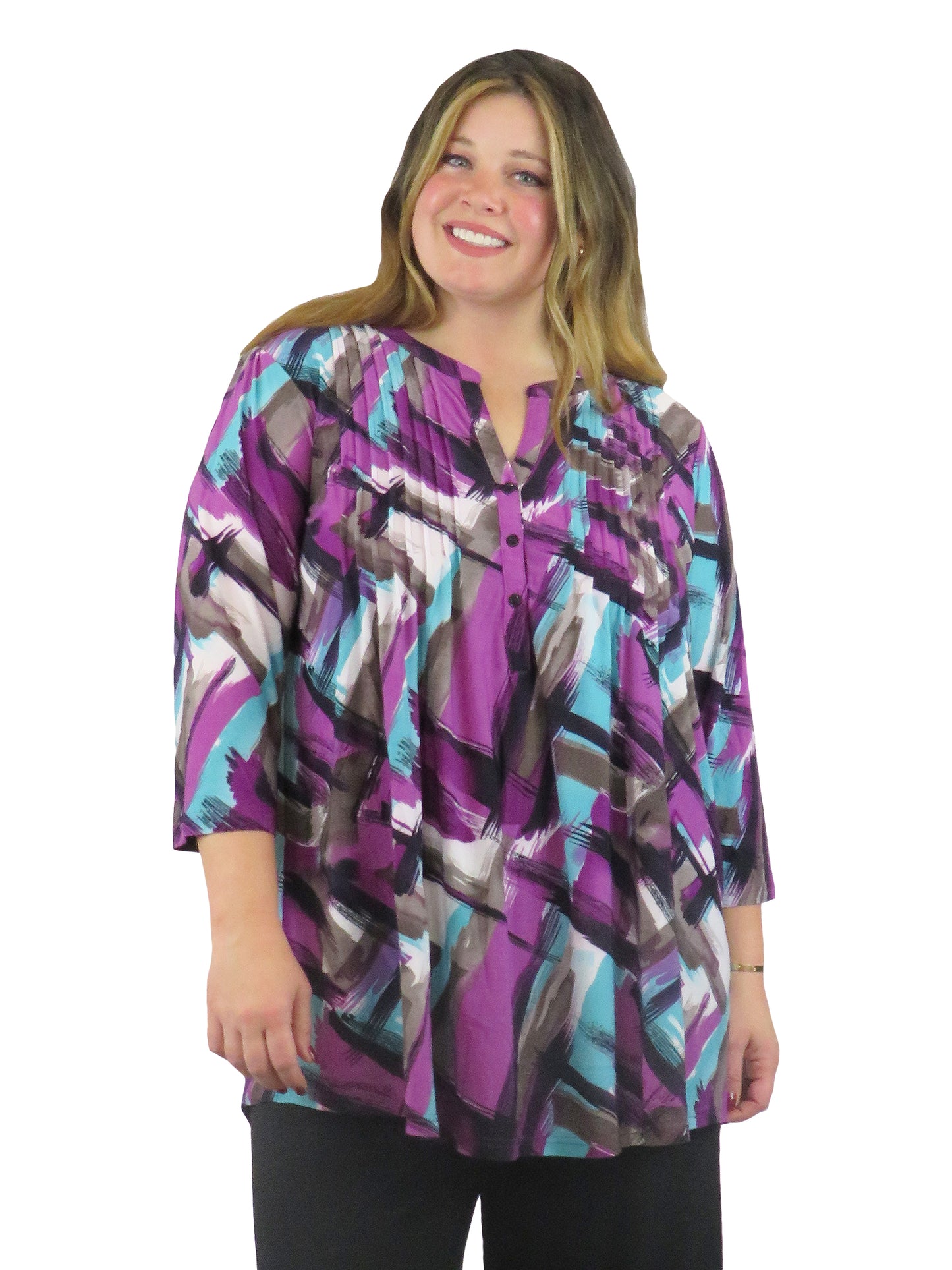 La Cera Pleat Front Geometric Printed Tunic - Plus Size - La Cera