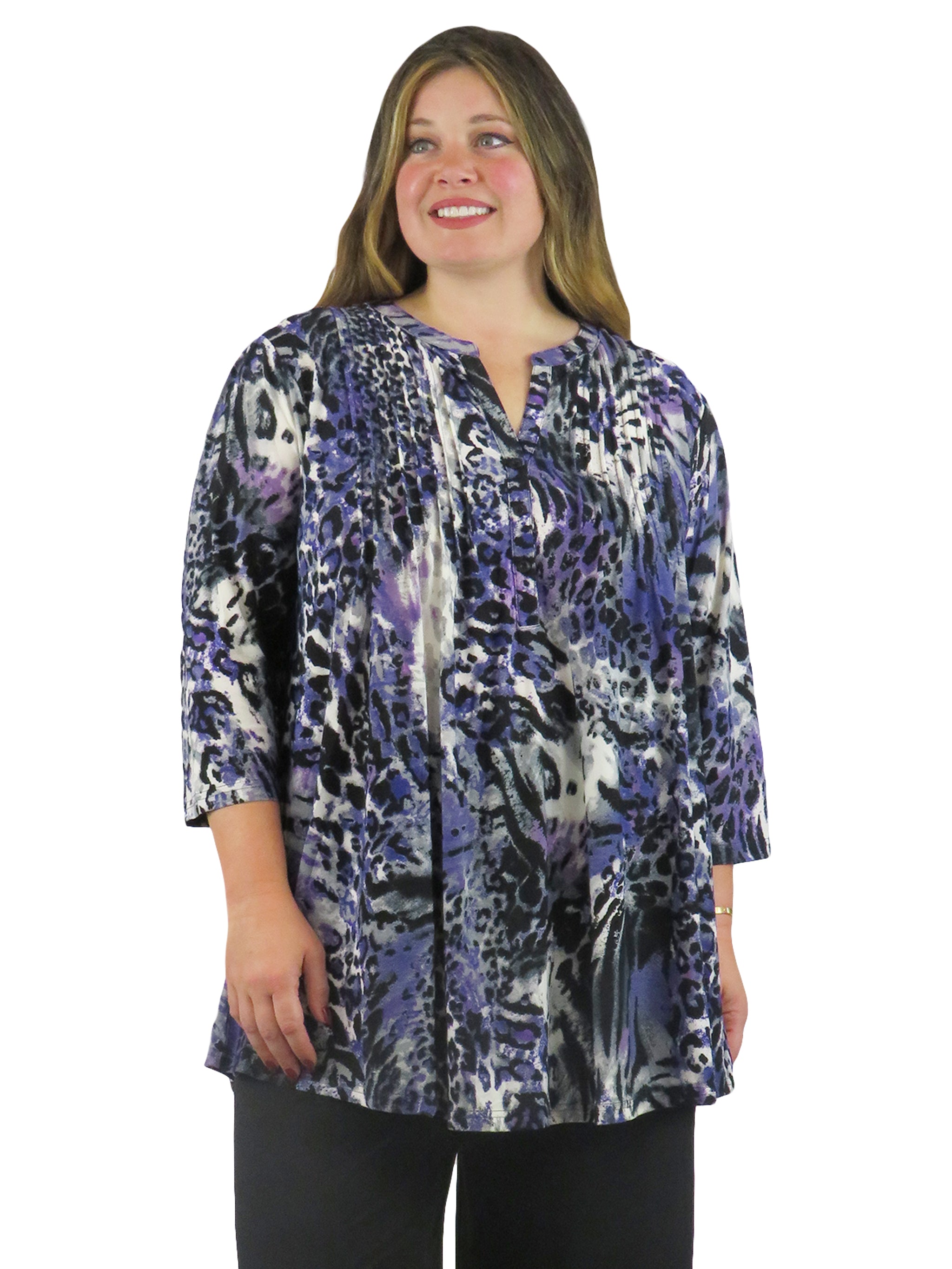 La Cera Pleat Front Animal Printed Tunic - Plus Size - La Cera