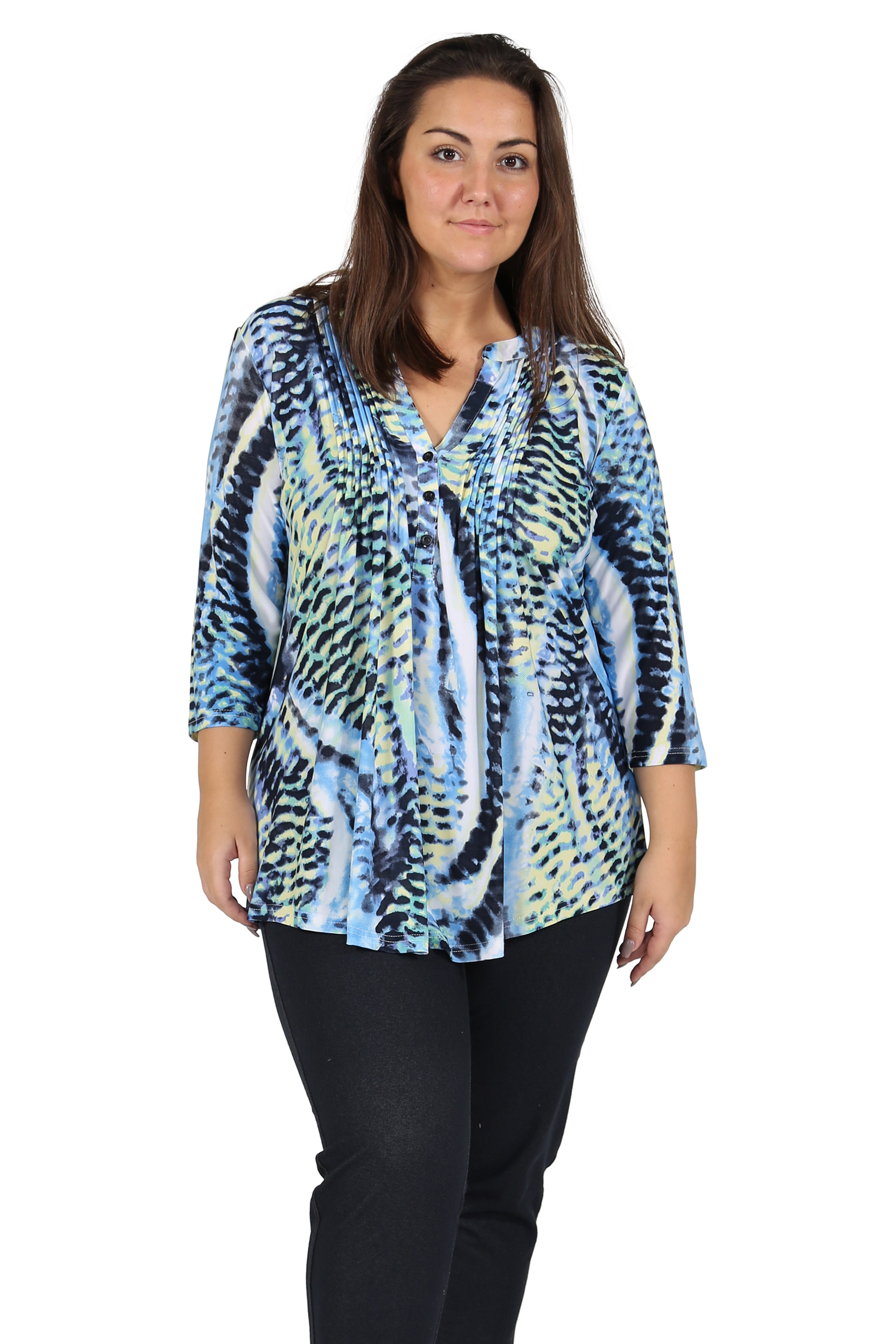 Plus Size La Cera Pleat Front Printed Tunic Blue Yellow - La Cera