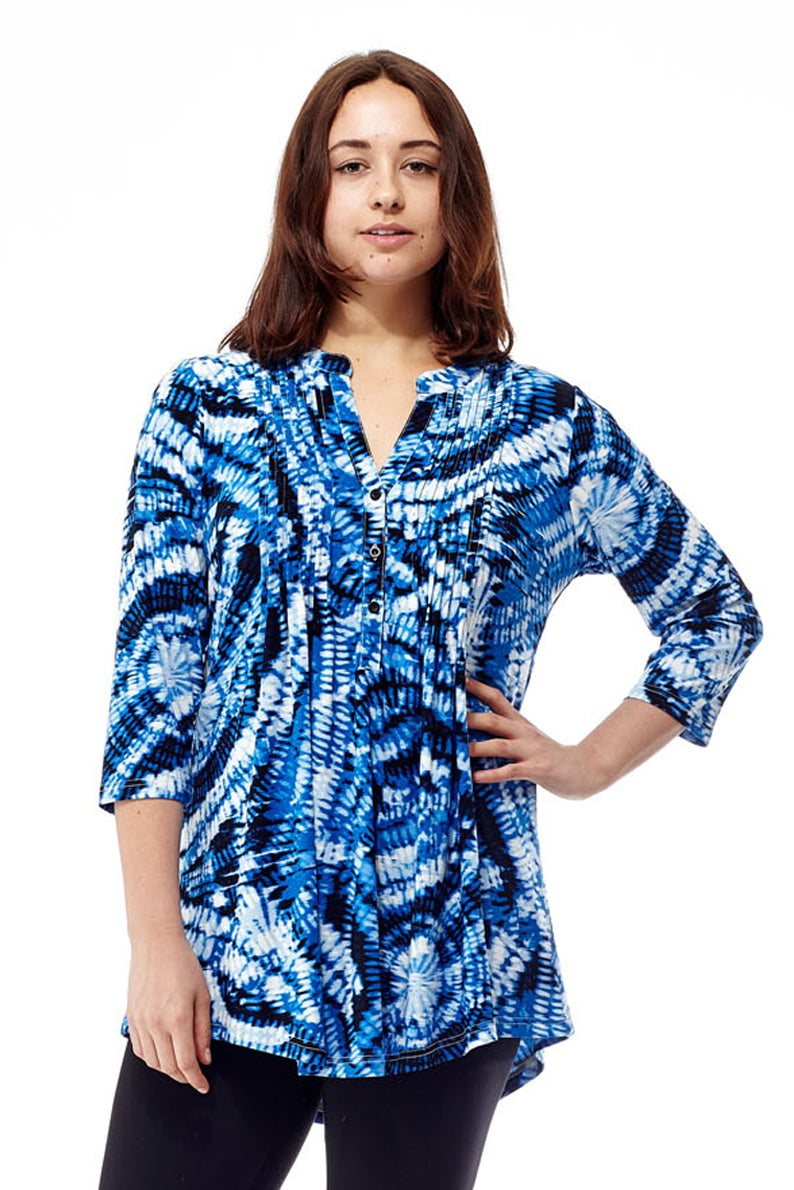 La Cera Pleat Front Printed Tunic Tie-Dye Blue - La Cera