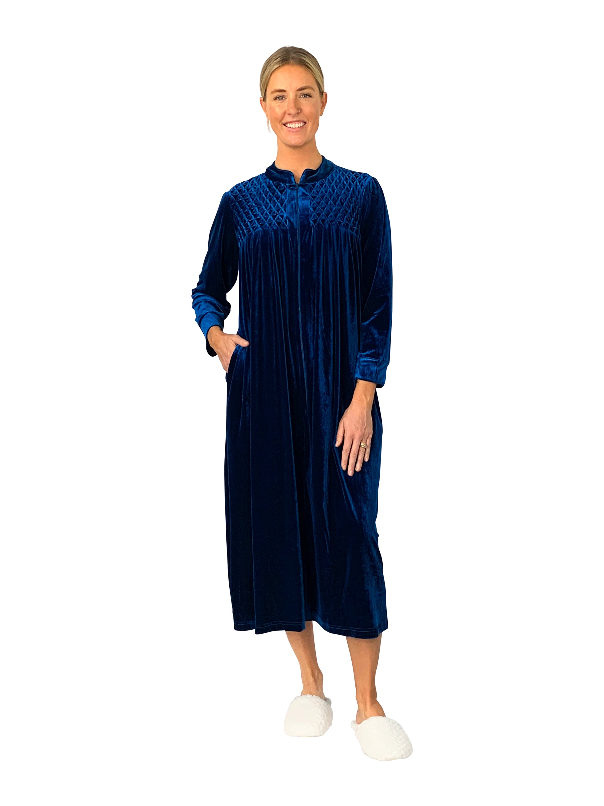 Smocked Velour Zip Front Robe - La Cera
