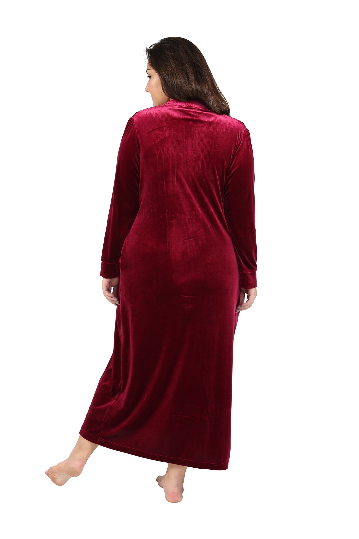 Plus Size Smocked Velour Zip Front Robe - La Cera