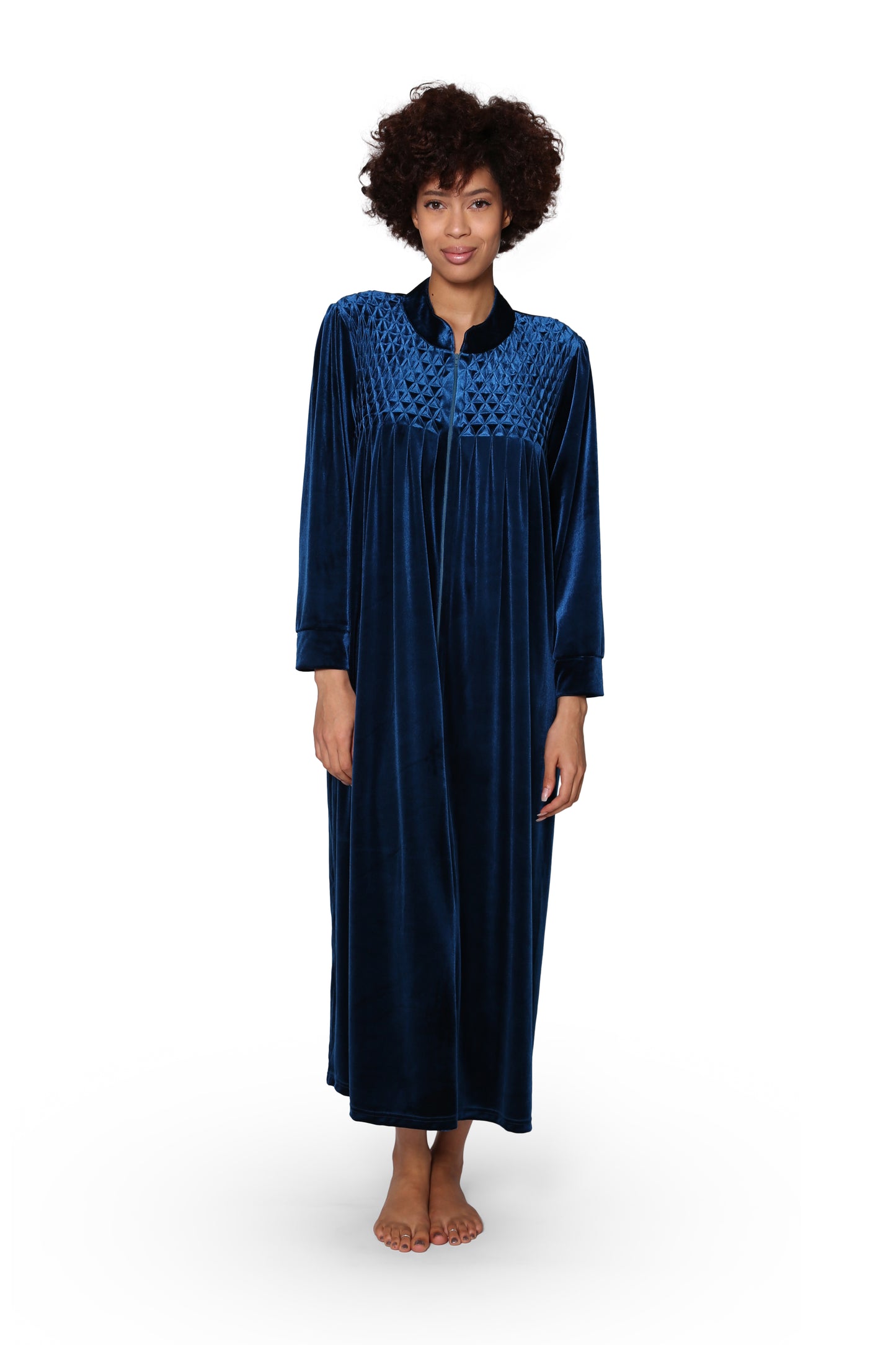 Plus Size Smocked Velour Zip Front Robe - La Cera