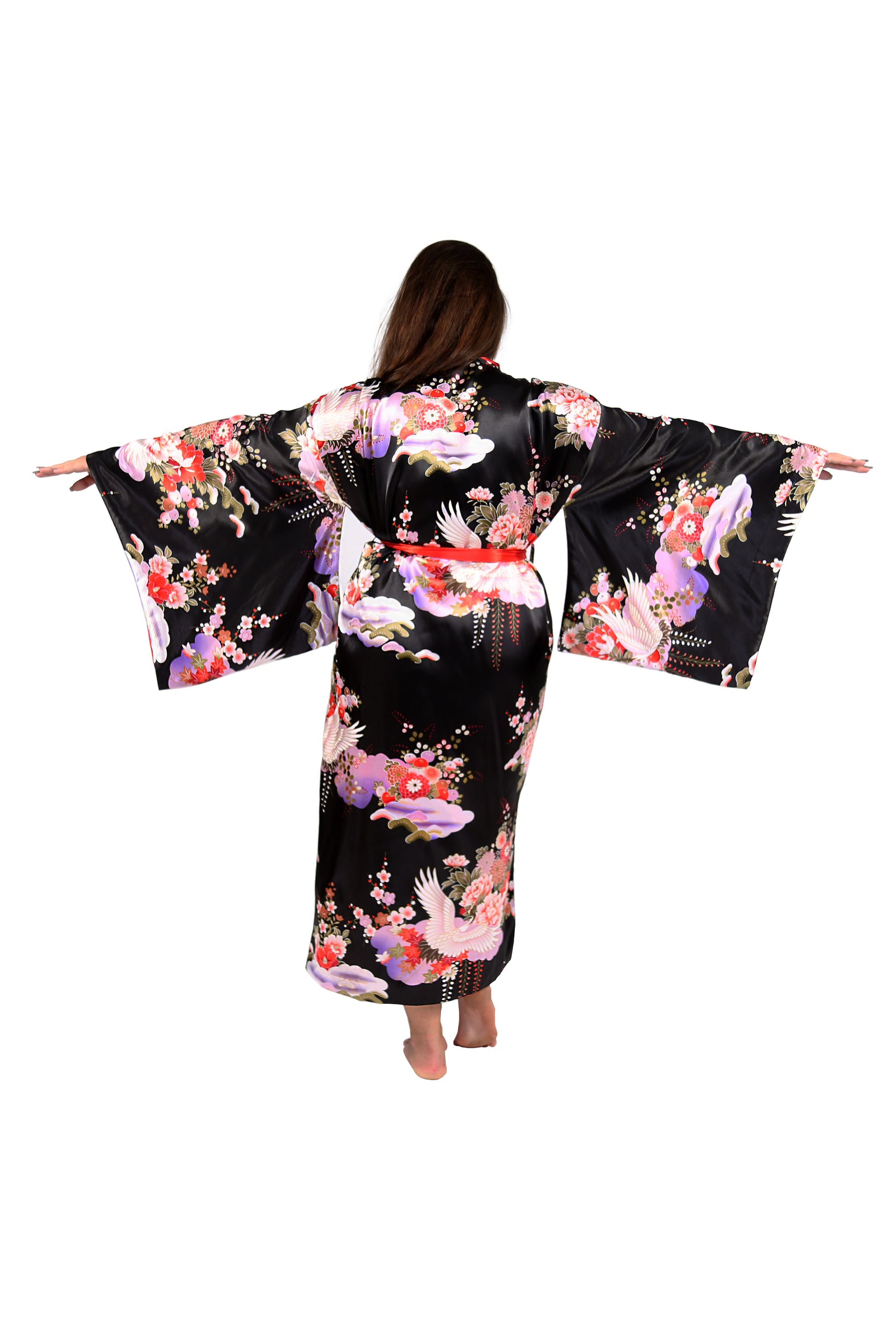 Plus Size Kimono Sleeve Floral Satin Robe - La Cera