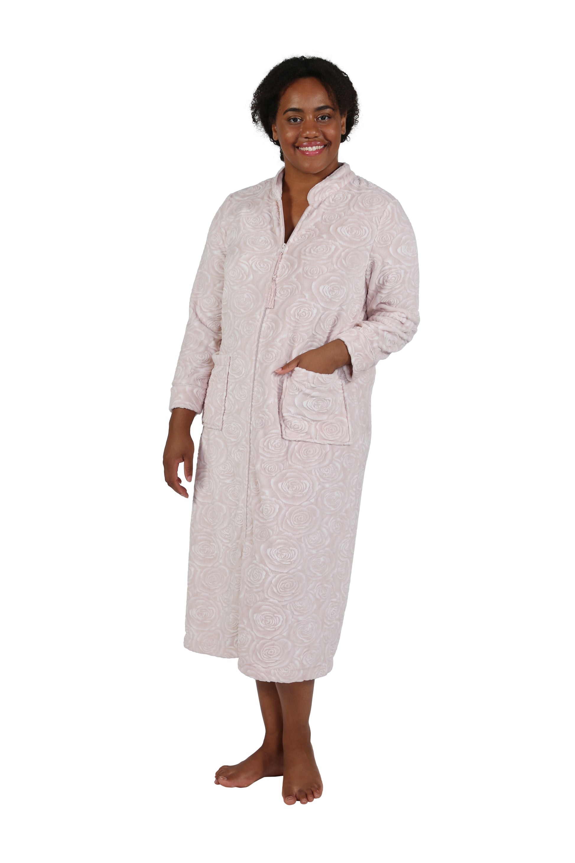 Plus Size Rose Print Minky Zip Front Fleece Robe - La Cera